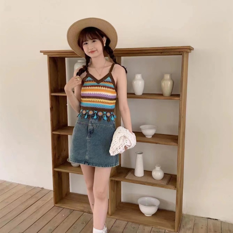 Áo Crop Top Dệt Kim Dáng Rộng Họa Tiết Kẻ Sọc Cầu Vồng Phối Tua Rua Thời Trang Cho Nữ