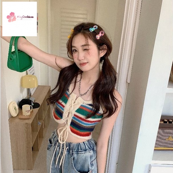 Áo Ngắn Không Tay Thắt Dây Họa Tiết Sọc Cầu Vồng Phong Cách Mới