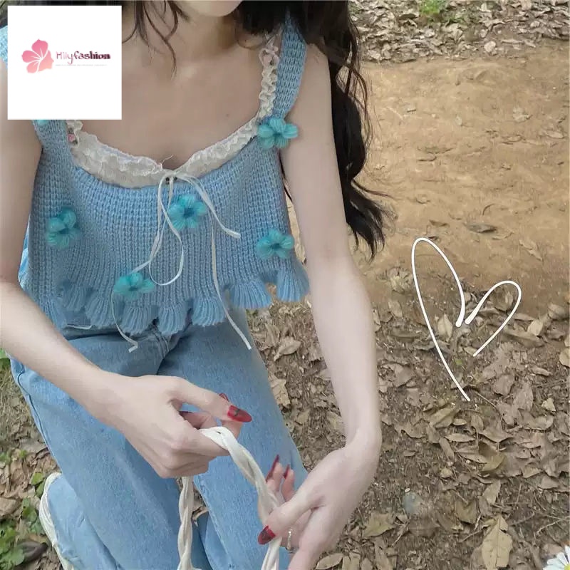 Áo Hai Dây Dệt Kim Họa Tiết Hoa Dễ Thương Phong Cách Nhật Bản Thời Trang Mùa Hè Cho Nữ