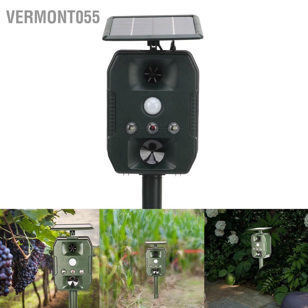 Vermont055 Thiết bị xua đuổi động vật siêu âm năng lượng mặt trời Đèn LED nhấp nháy IP55 ngăn chặn chống nước cho sân vườn trang trại cây ăn trái