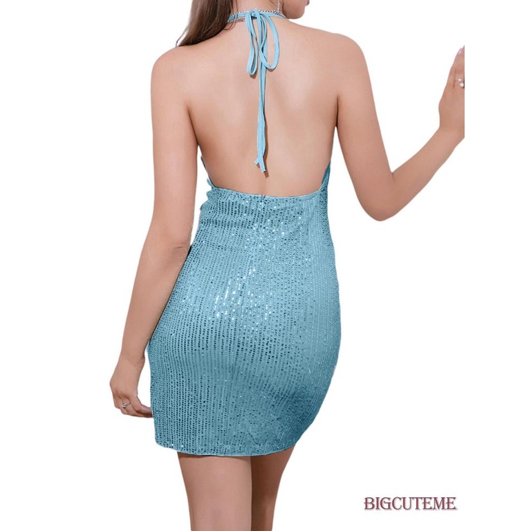 [] - Đầm Ngắn Không Tay Xẻ Tà Cổ Yếm Đính Kim Sa Màu Xanh Dương Thời Trang Mùa Hè Cho Nữ