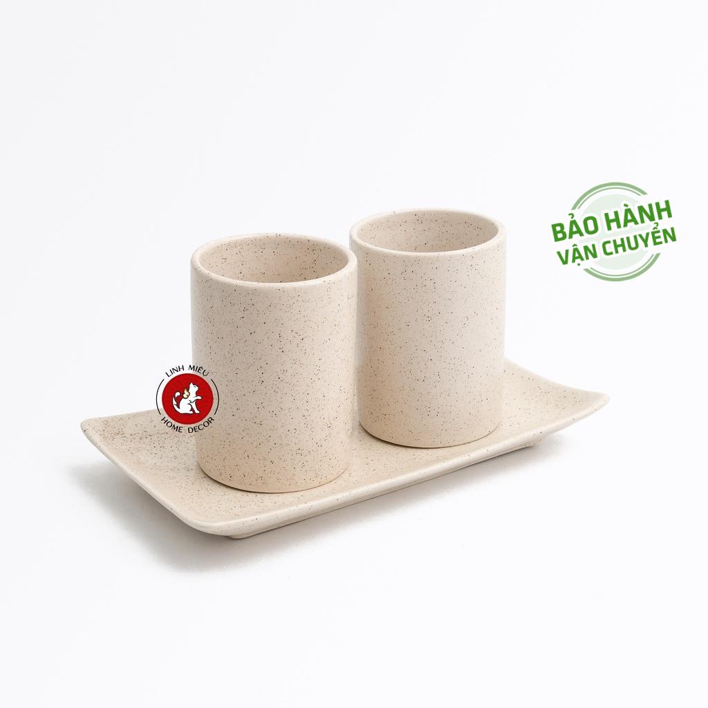 Bộ 2 cốc đánh răng, uống nước kèm đĩa dài bằng sứ Bát Tràng bày nhà tắm sang trọng cao cấp