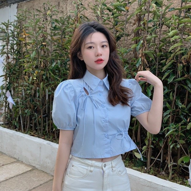 Áo Sơ Mi Tay Ngắn Phồng Thiết Kế Dây Rút Thời Trang Mùa Hè Mới Cho Nữ
