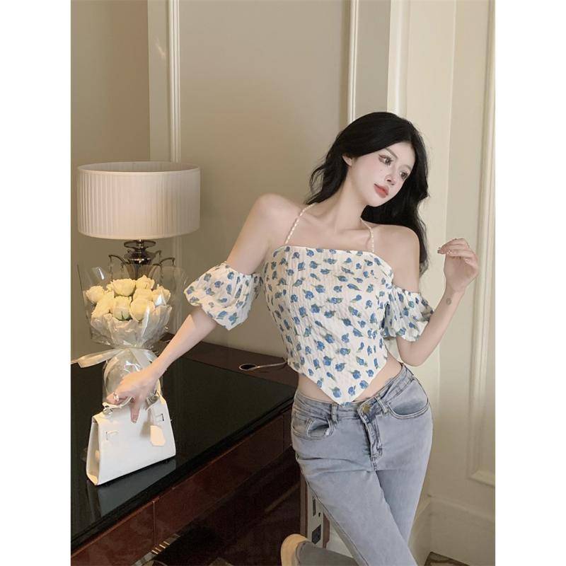 Áo Kiểu Tay Ngắn Phồng In Hoa Đính Ngọc Trai Thời Trang Mùa Hè Cho Nữ