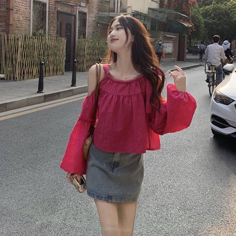 IELGY   Áo Kiểu Tay Phồng Hở Vai Dáng Ôm Thời Trang Dành Cho Nữ