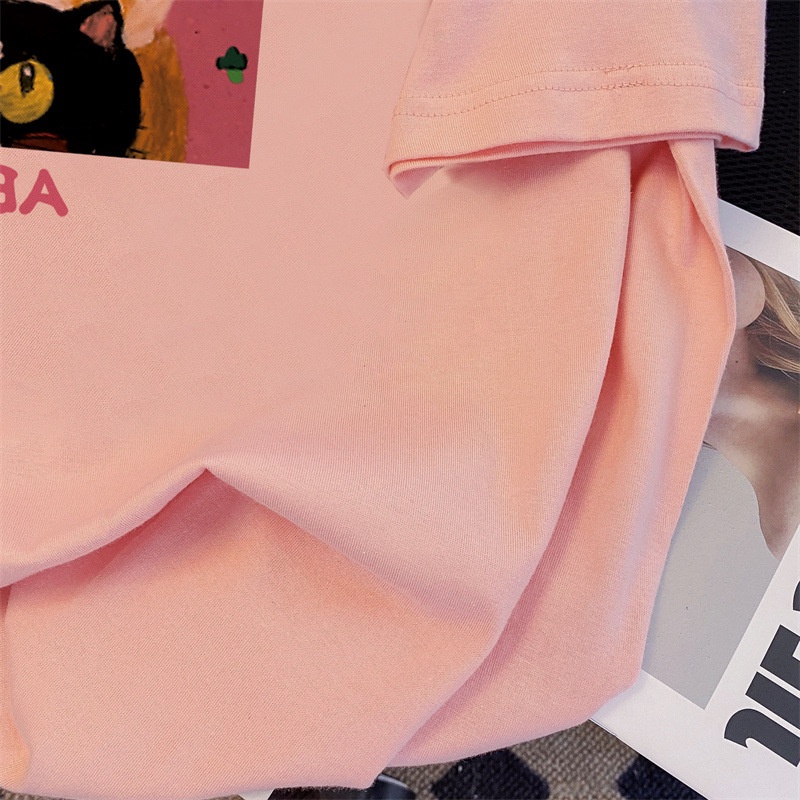 Áo thun XINLANYASHE cotton cổ tròn dáng rộng in họa tiết mèo phong cách Hàn Quốc đáng yêu cho nữ