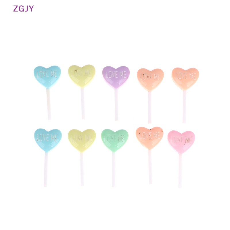Set 10 Mô Phỏng Kẹo Mút Trái Tim Bằng Resin Cabochon Giả DIY Mới