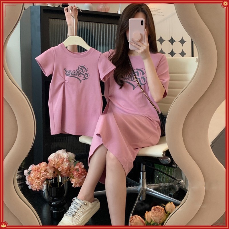 Đầm Thun Dáng Rộng In Chữ Phong Cách Hàn Quốc Thời Trang Mùa Hè Cho Mẹ Và Bé Gái Size M-xxl 90-Xl