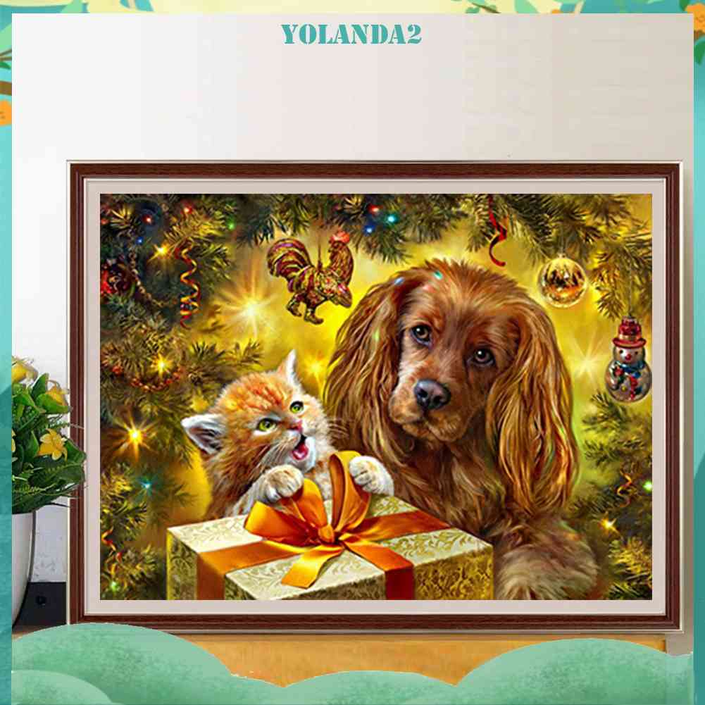 Tranh Đính Đá Kim Cương Toàn Bộ 5D DIY Hình Chó Mèo Giáng Sinh