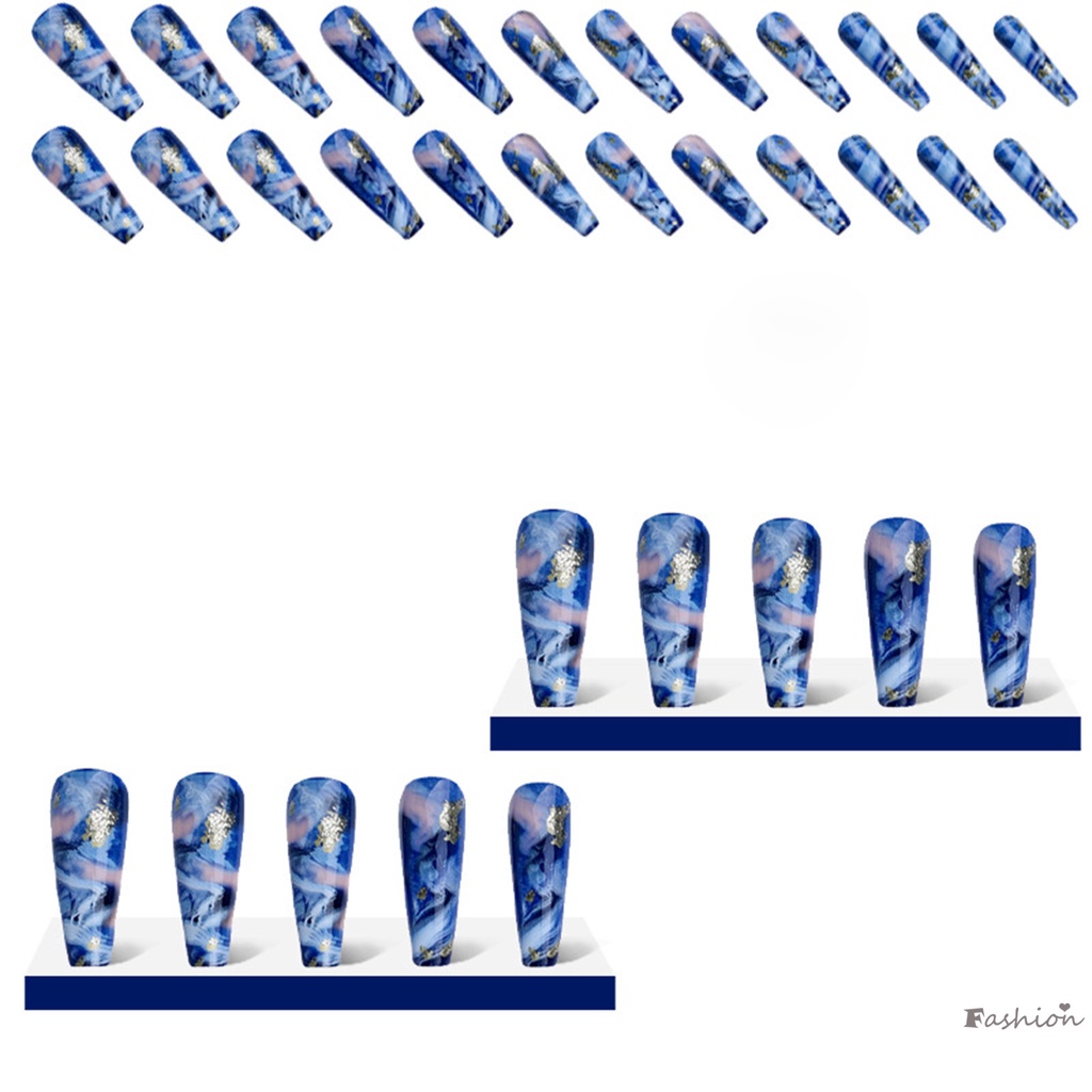 Bộ Móng Tay Giả Dài Màu Xanh Dương Che Phủ Toàn Diện Thoải Mái