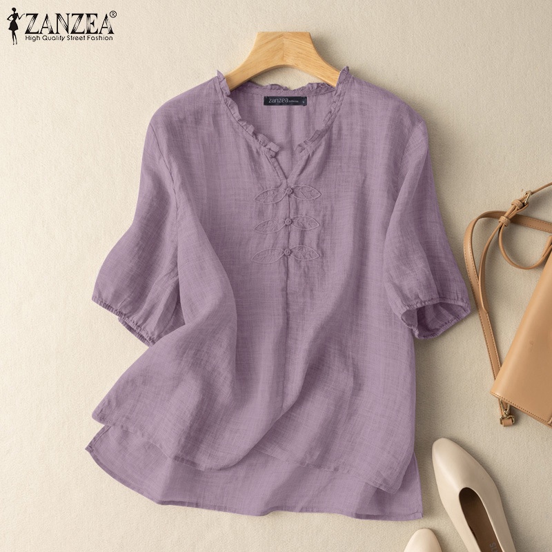 ZANZEA Áo Sơ Mi Tay Lửng Thêu Họa Tiết Phong Cách Hàn Quốc Cho Nữ