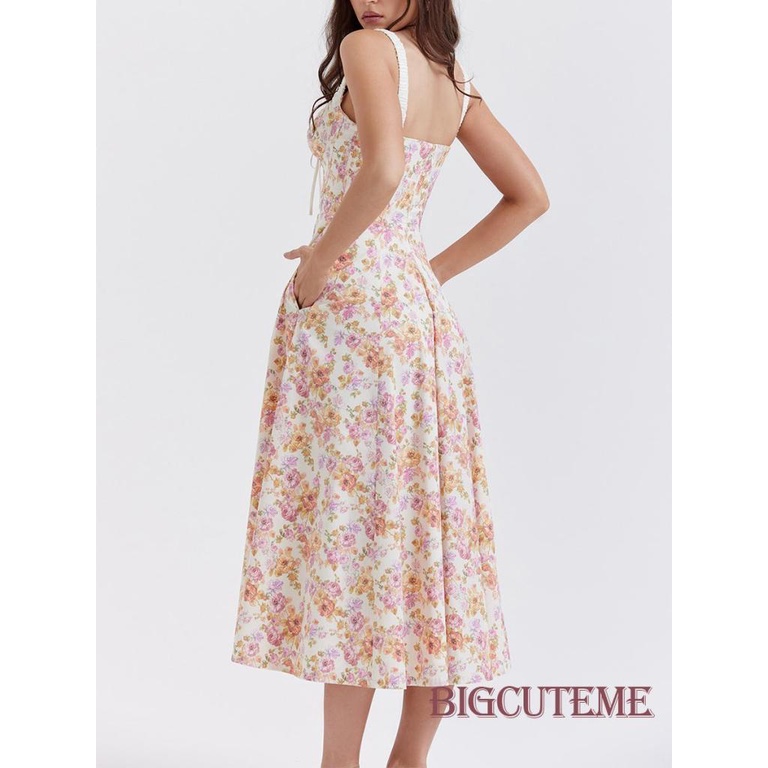 Đầm Midi Hai Dây Cổ Khoét Sâu In Họa Tiết Hoa Thời Trang Mùa Hè Cho Nữ