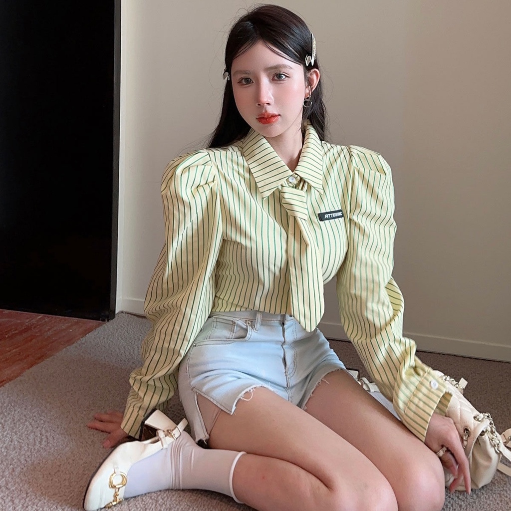 Áo Sơ Mi Tay Dài Dáng Ôm Họa Tiết Kẻ Sọc Phong Cách Hàn Quốc Thời Trang Cho Nữ
