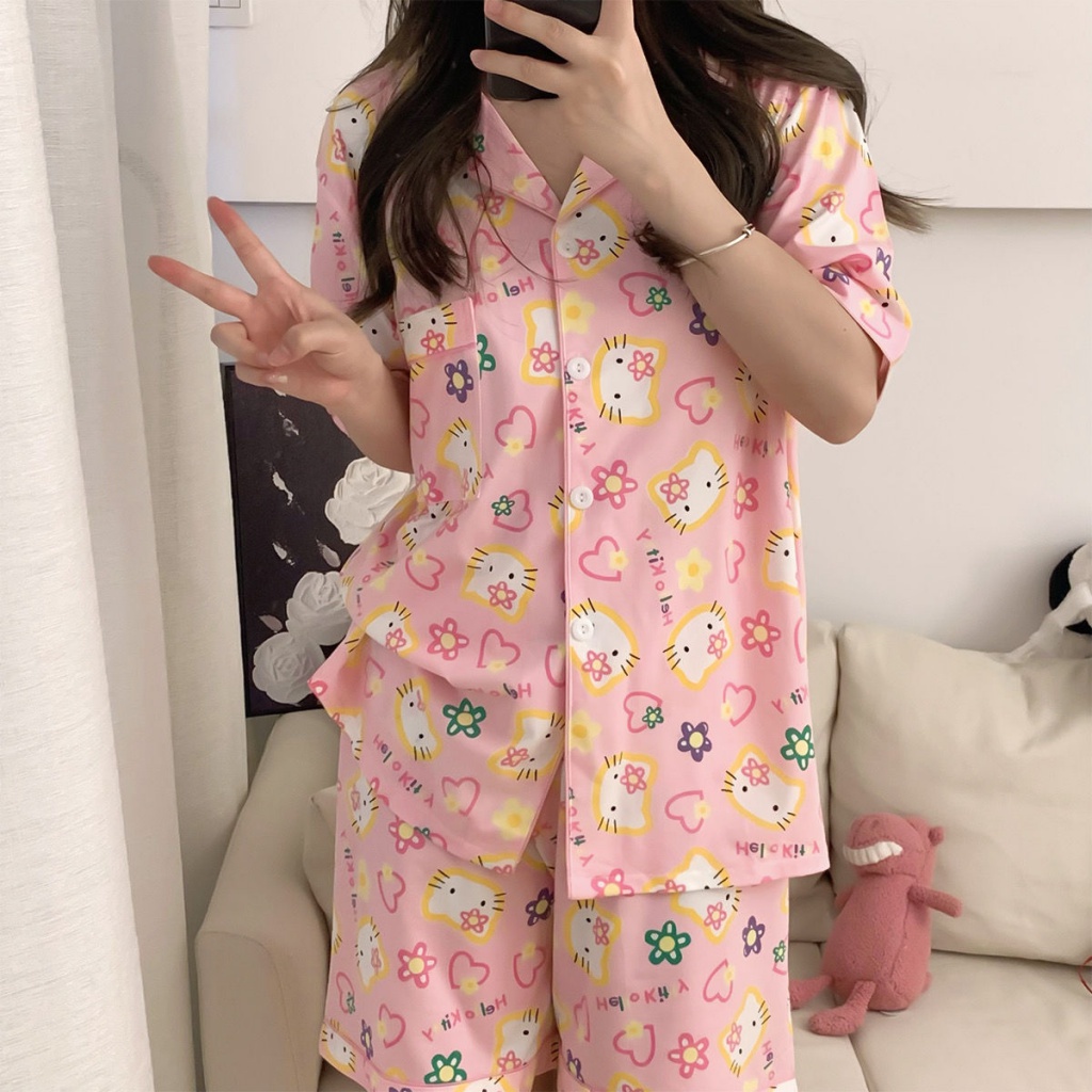 Bộ Đồ Ngủ Ngắn Tay Dáng Rộng In Hình Hello Kitty Dễ Thương Thời Trang Mùa Hè Dành Cho Nữ