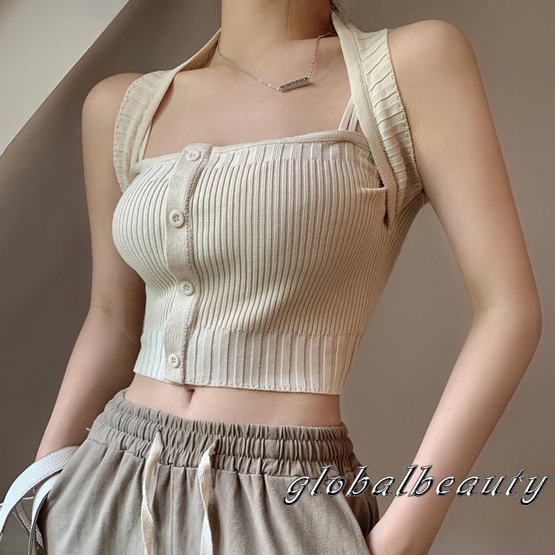 Áo Crop Top Hai Dây Dệt Kim Mỏng Màu Trơn Cài Nút Đơn Giản Cho Nữ
