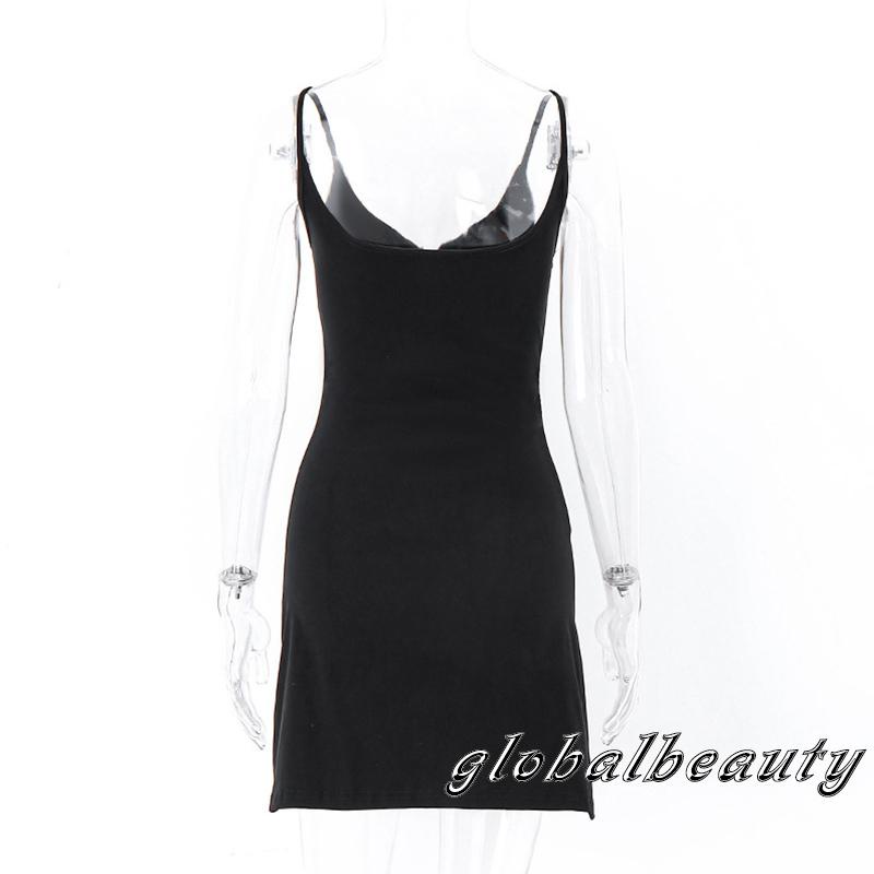 Đầm Ngắn Không Tay Cổ Chữ V Sâu Hở Lưng Màu Đen Thời Trang Mùa Hè Cho Nữ