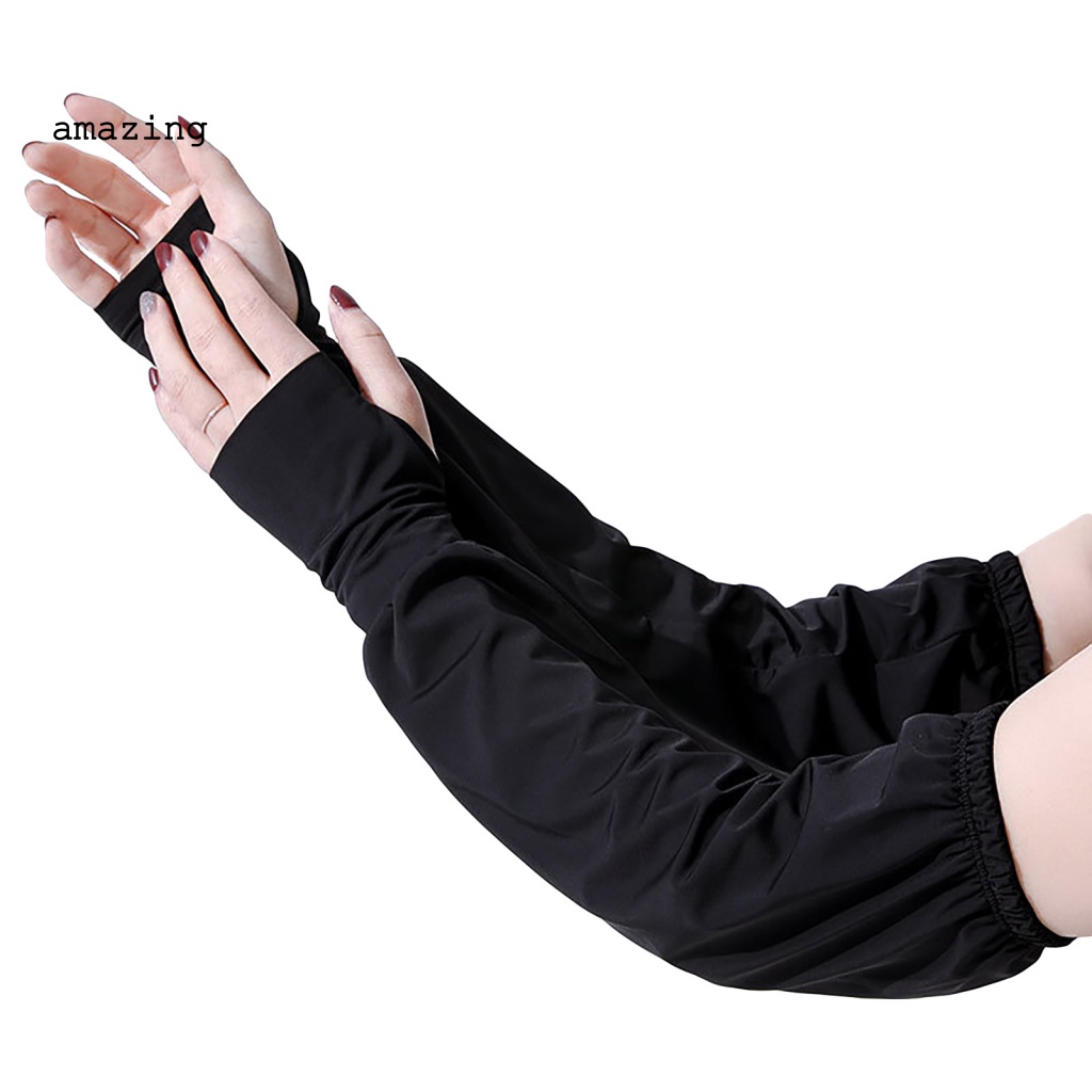 1 Đôi Găng Tay Chống Nắng Bằng Lụa Lạnh Màu Trơn Thiết Kế Lỗ Xỏ Ngón Tay Thời Trang Mùa Hè