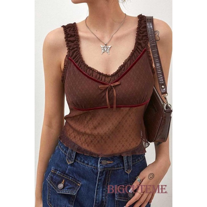 [] Áo Crop Top Lưới Mỏng Không Tay In Hoa Cổ Xẻ Tà Ôm Dáng Vừa Vặn Cho Nữ
