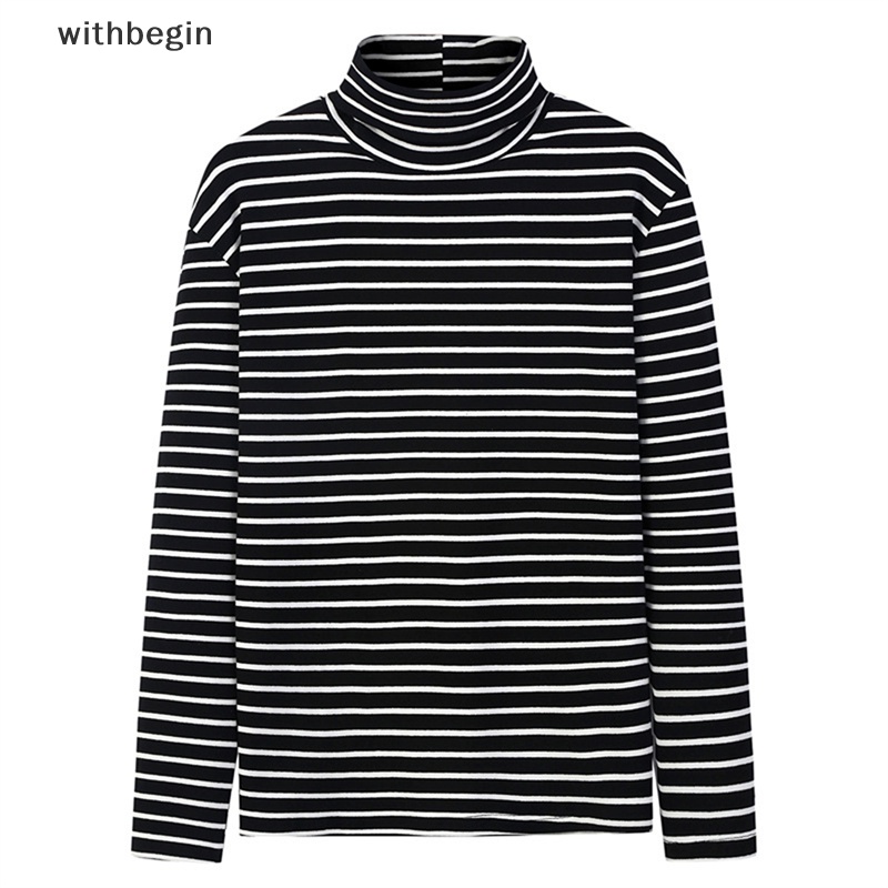 Áo Thun Dài Tay Cổ Lọ Họa Tiết Kẻ Sọc Phong Cách Đường Phố