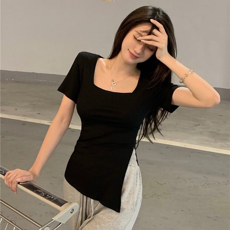 COZOK Áo Thun Ngắn Tay Cổ Vuông Xẻ Tà Thời Trang Retro Cá Tính