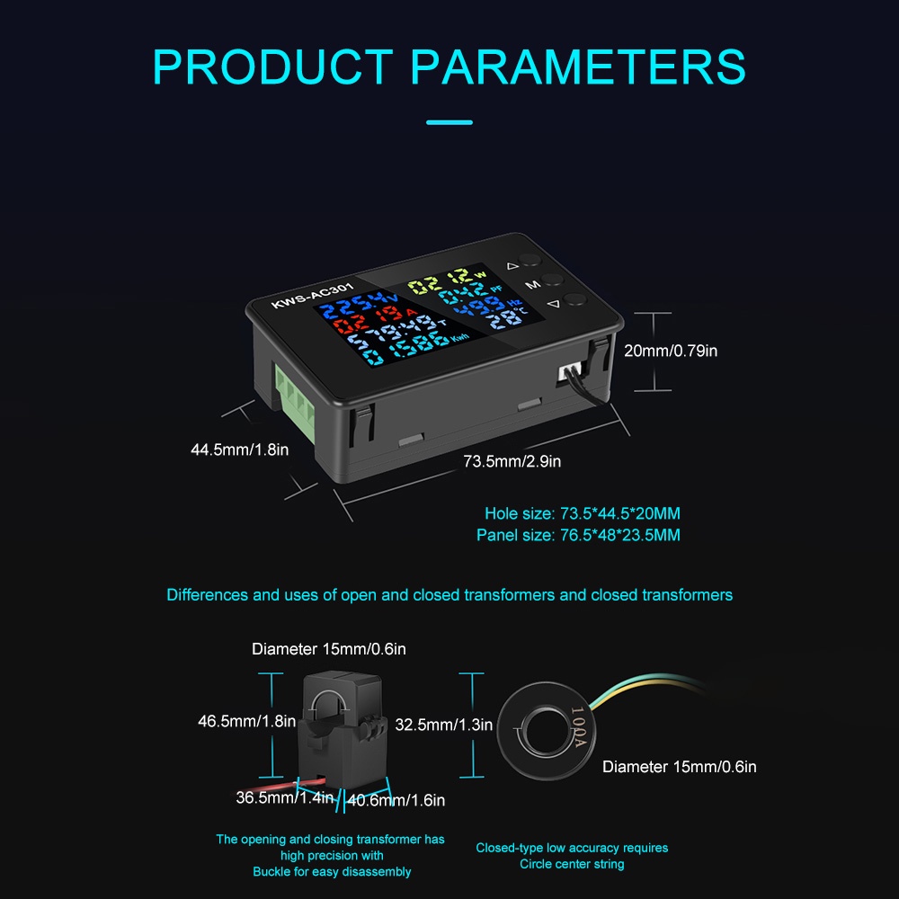 RIRIHI Đồng hồ vôn kế kỹ thuật số màn hình LCD AC 50-300V 0-100A KWS-AC301