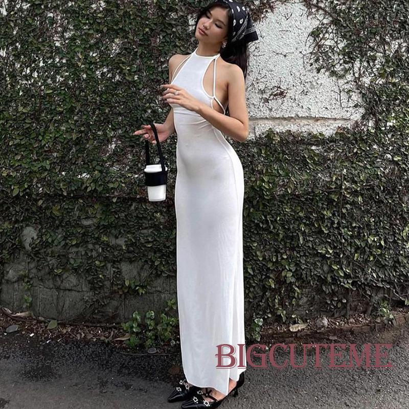 [] - Đầm Dài Ôm Dáng Không Tay Hở Lưng Buộc Dây Màu Trắng Mùa Hè Cho Nữ