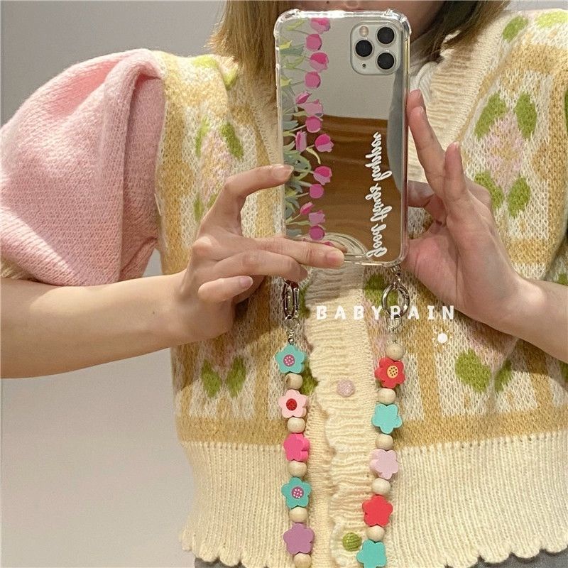 Ốp Điện Thoại Gắn Gương Hình Hoa Tulip Gắn Dây Đeo Cho Iphone 11 12 13 13 12 11 Pro Max X Xs XR XSMAX 7Plus 8Plus