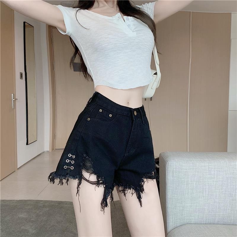 Quần Short Denim Mỏng Dáng Chữ A Lưng Cao Phối Rách Thời Trang Mùa Hè 2023 Cho Nữ