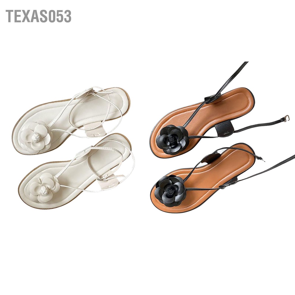 Texas053 Sandal đế bằng Da PU mềm Hoa giả Dây đeo có thể điều chỉnh màu trơn cho mùa hè