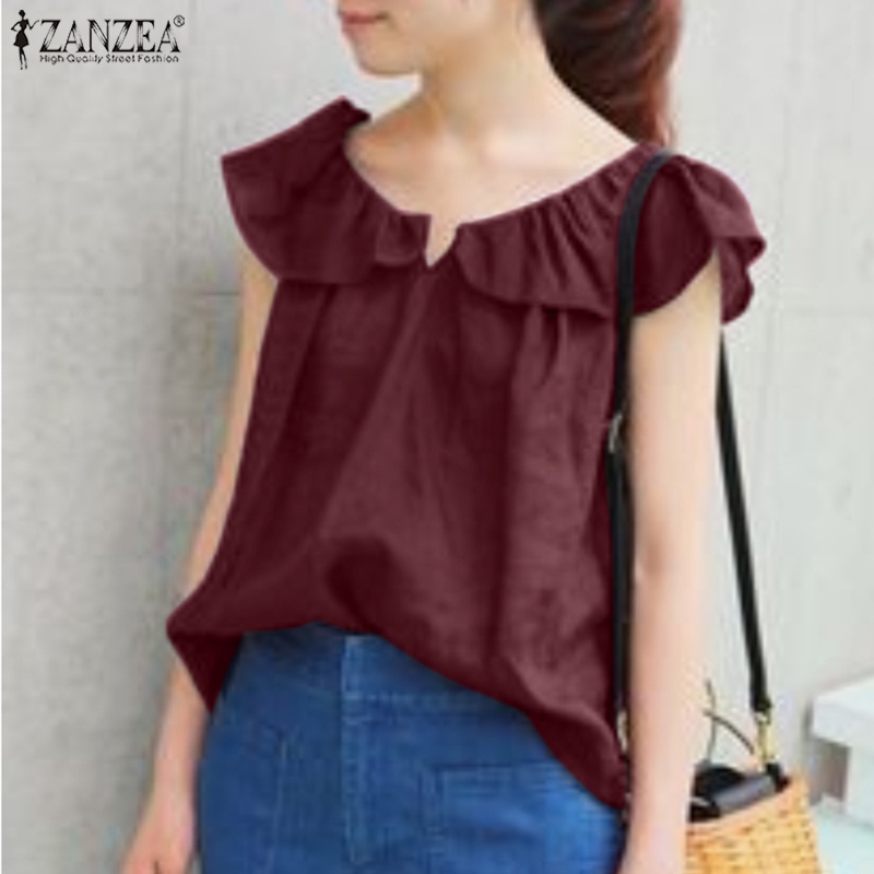 Áo tanktop ZANZEA không tay nhún bèo cổ chữ V phong cách Hàn Quốc cho nữ