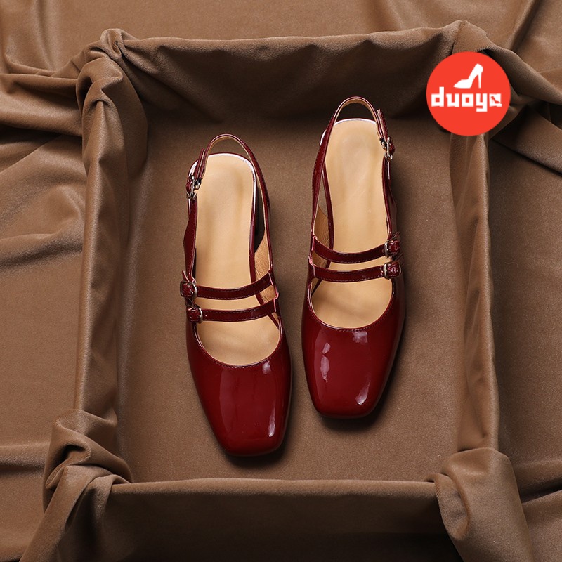 Duoya Tóc Thẳng ~ [Hàng Có Sẵn] Sandal Mary Jane Gót Dày Hở Lưng Bằng Da Mềm Màu Đỏ Rượu Vang Thời Trang Cho Nữ Miễn Phí Vận Chuyển