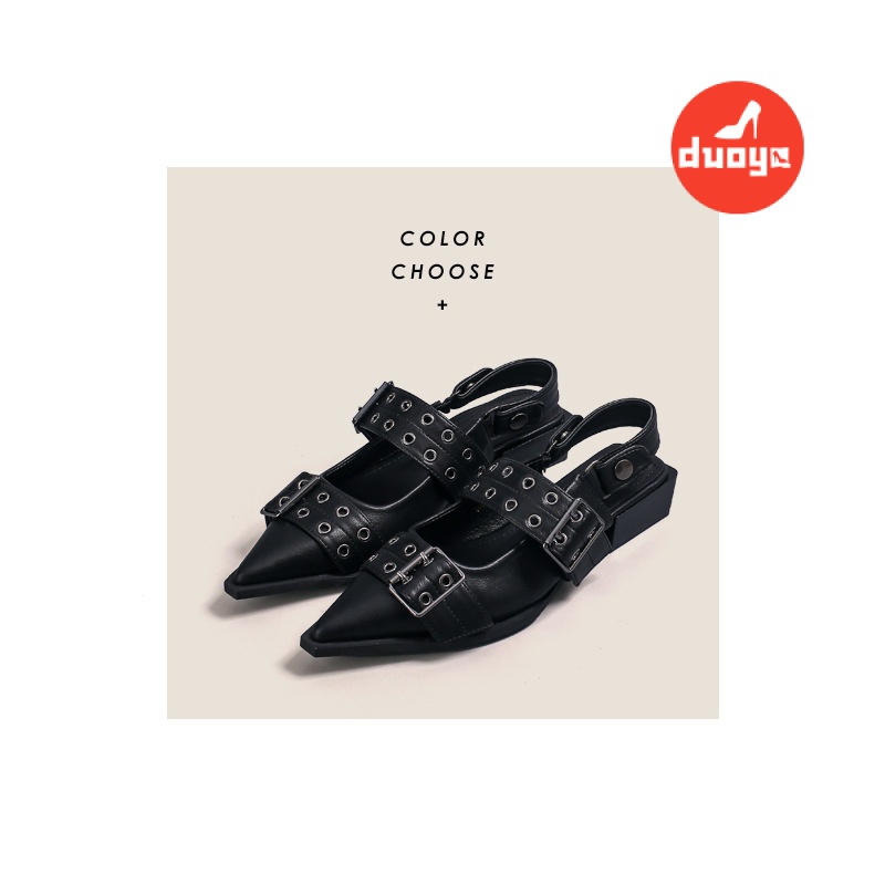 Duoya Tóc Thẳng ~ [Hàng Có Sẵn] Giày Búp Bê Mũi Nhọn Gót Thấp Miệng Nông Cảm Giác Ánh Kim Phong Cách Punk Đường Phố Cho Nữ