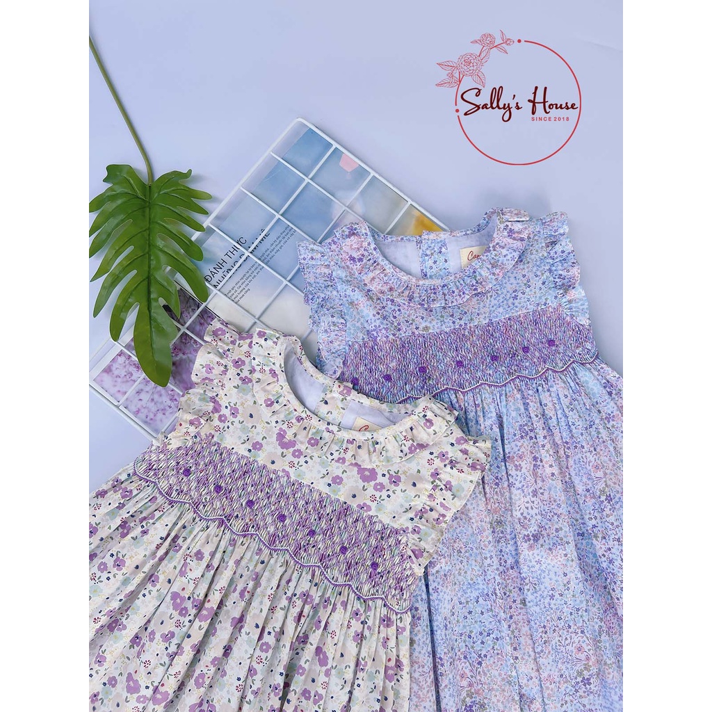 Đầm cho bé gái, đầm smock hoa tím, cổ bèo, đầm xích móc cho bé gái, vải cotton mềm mịn, đầm hai lớp.