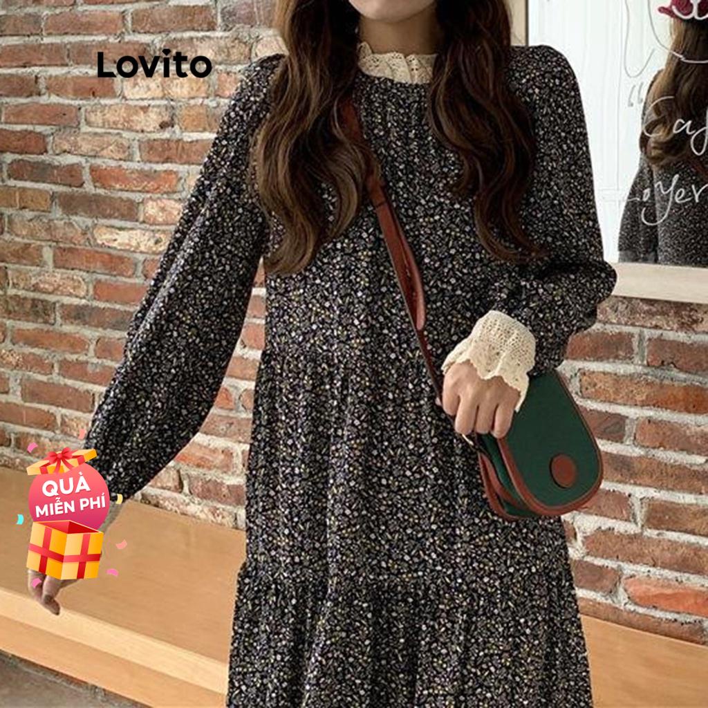 Đầm chữ A Lovito cổ tròn tay dài phối ren họa tiết hoa nhí thời trang cho nữ LNE02219 (màu đen)