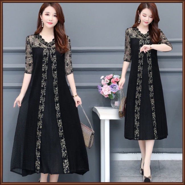 Đầm Dáng Rộng Cổ Chữ V Phối Lưới In Họa Tiết Xinh Xắn Thời Trang Cho Nữ