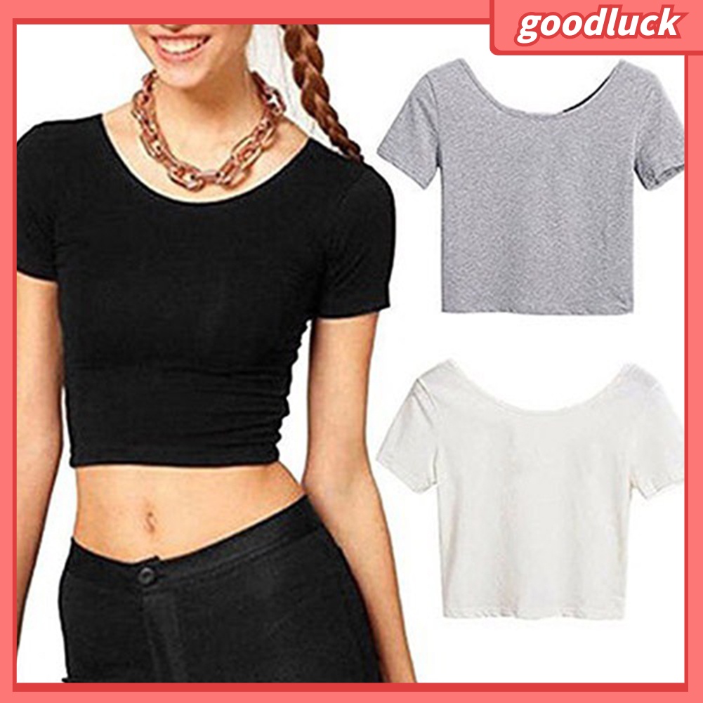 Áo Thun Crop Top Tay Ngắn Cổ Tròn Màu Sắc Đơn Giản Quyến Rũ Dành Cho Nữ