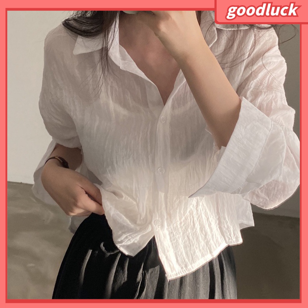 Áo Sơ Mi Tay Dài Màu Trơn Xếp Ly Cài Khuy Thời Trang Mùa Xuân Cho Nữ