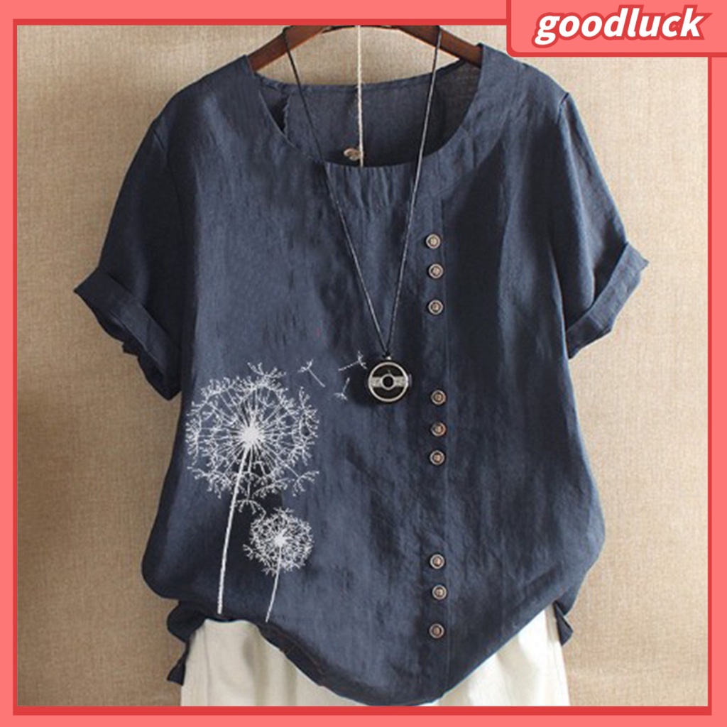 [ULK] Áo Sơ Mi Cotton Lanh Rộng Cổ Tròn In Họa Tiết Hoa Bồ Công Anh Cài Nút Trang Trí Dành Cho Nữ