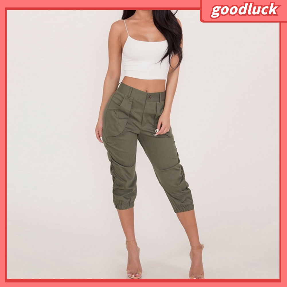 Quần Harem 3 / 4 Lưng Cao Màu Trơn Có Túi Thời Trang Mùa Hè Cho Nữ