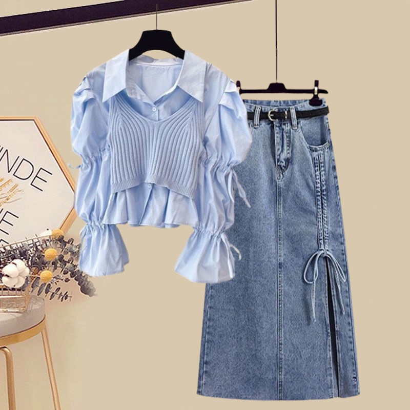 Set Áo Sơ Mi Phối Chân Váy Denim Ba Mảnh Thời Trang Xuân 2023 Mới Cho Nữ
