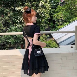 Mùa hè chạm rỗng dây buộc Polo cổ ngắn tay áo bấm eo váy thiết kế cảm giác thắt lưng lộ vẻ gầy ngọt cay váy ngắn