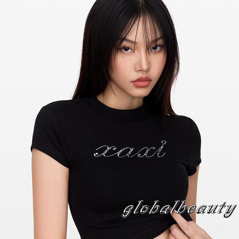 Áo Croptop Tay Ngắn Cổ Tròn Đính Đá Phong Cách Thời Trang Đường Phố Cho Nữ