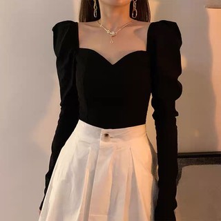 Áo thun dài tay cổ vuông tim tay bồng màu đen tôn dáng chất vải cao cấp co dãn thoải mái order Taobao nhà DILYS CHIC