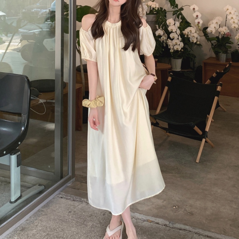 Đầm chiffon Dài Tay Ngắn Dáng Rộng Trễ Vai Phong Cách Hàn Quốc Xinh Xắn Cho Nữ