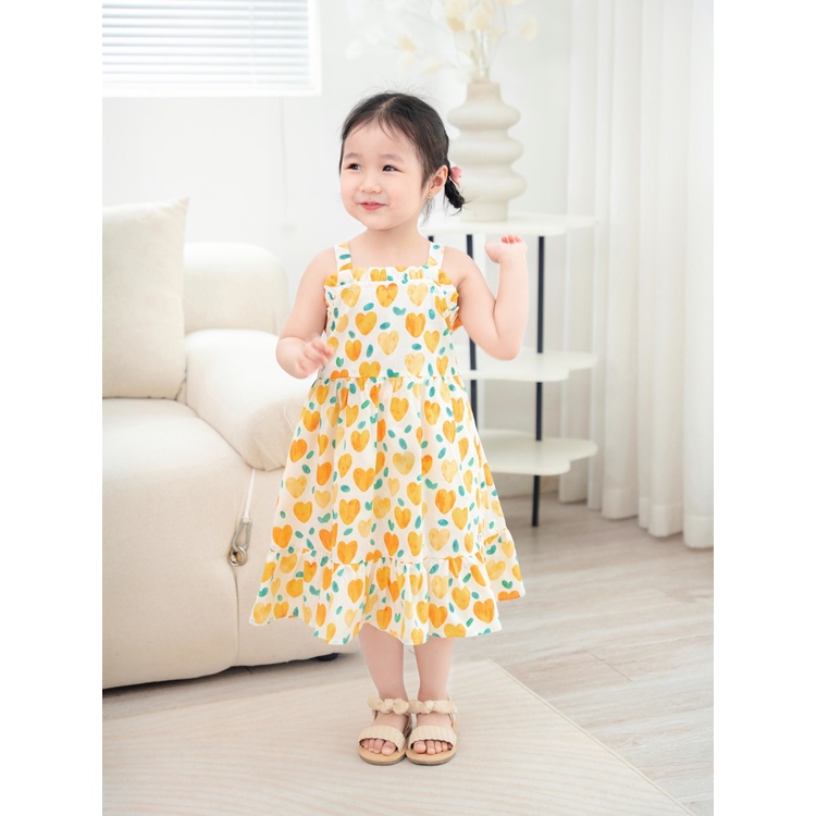 Váy Bé Gái CARROT Hai Dây Bèo Ngực, Họa Tiết Tim Vàng, Chất Liệu Thô Cotton Thấm Hút Mồ Hôi Tốt