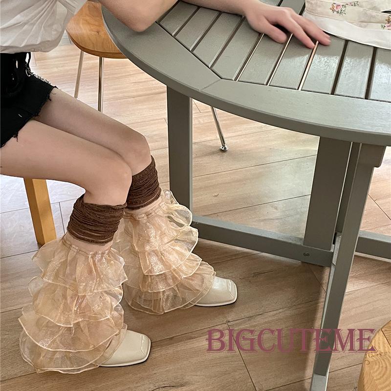 [] Vớ Ống Chân Cao Qua Gối Phối Ren Nhún Bèo Giữ Ấm Chân Cho Nữ Đường Phố