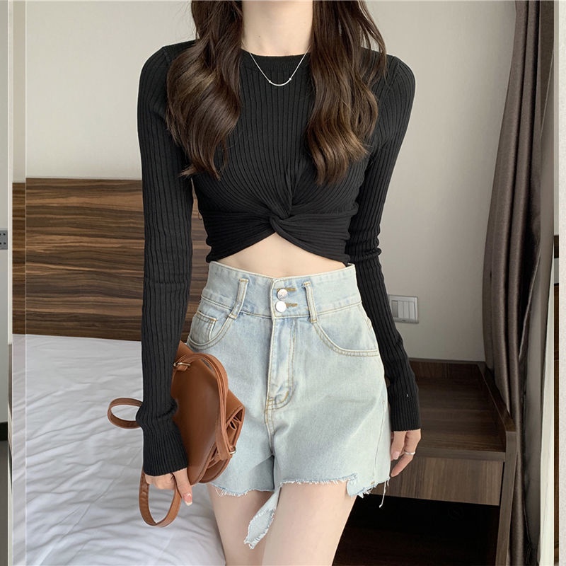 CheeseBunny Áo Dệt Kim Tay Dài Thiết Kế Đan Chéo Ngực Quyến Rũ