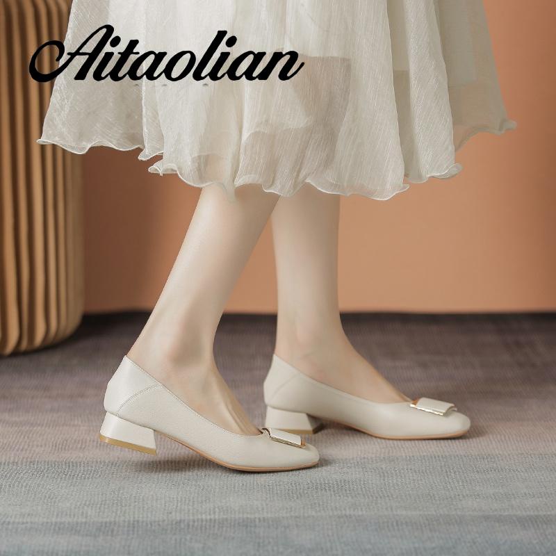 Giày Cao Gót 3cm Da Thật Mũi Vuông Kiểu retro Anh Xinh Xắn Cho Nữ