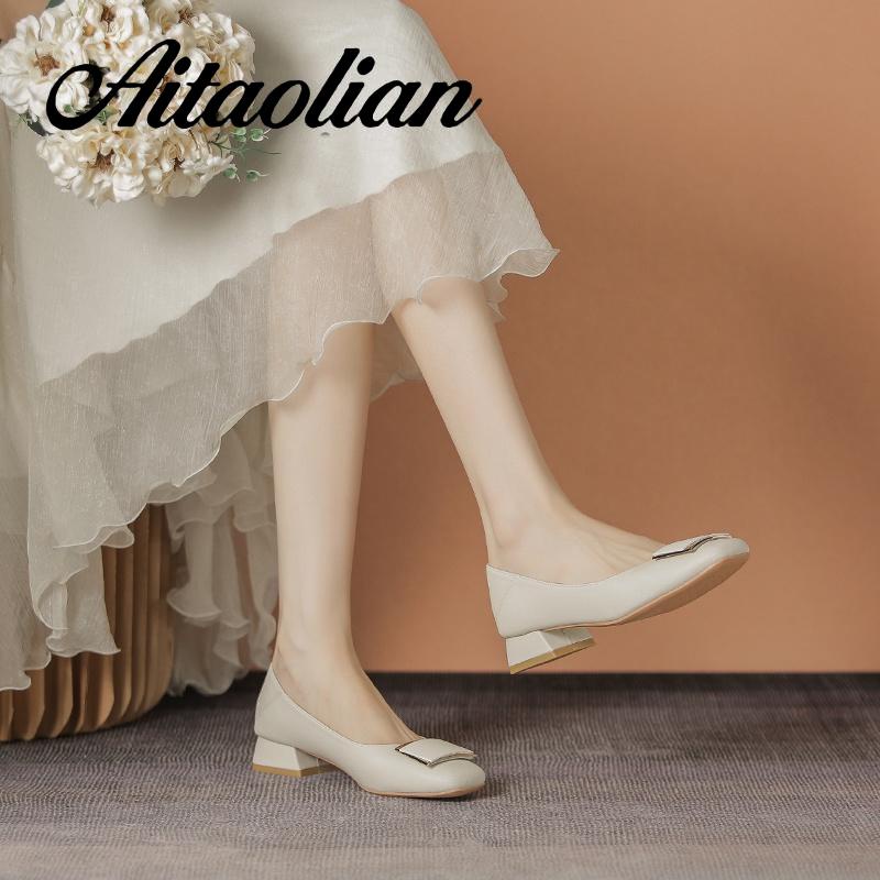 Giày Cao Gót 3cm Da Thật Mũi Vuông Kiểu retro Anh Xinh Xắn Cho Nữ