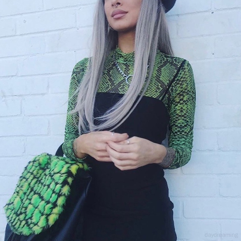 Áo Croptop Tay Dài Dáng Ôm Cổ Cao In Họa Tiết Da Rắn Phong Cách Mỹ Cổ Điển Thời Trang Quyến Rũ Cho Nữ